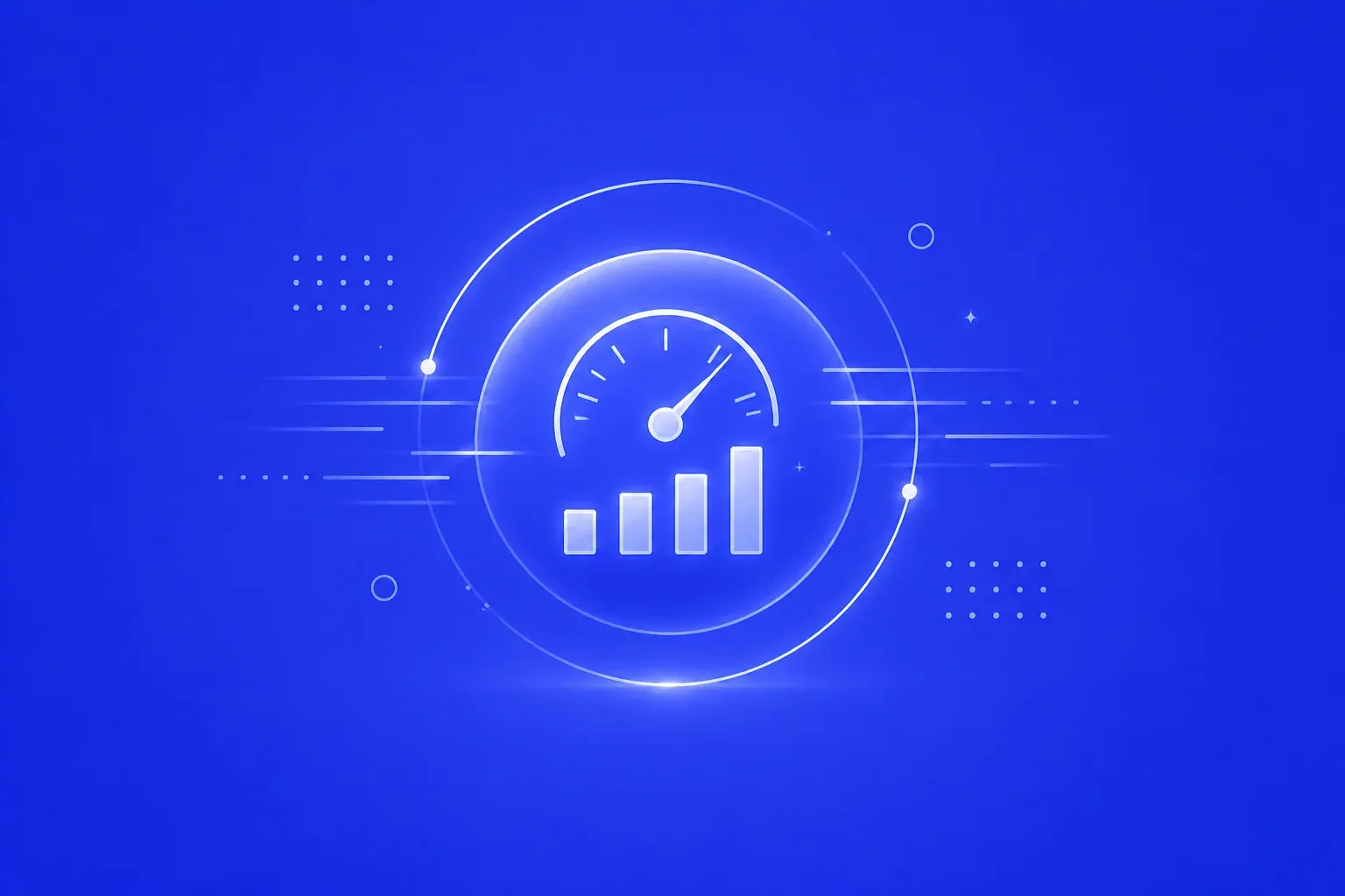 Blue performance optimization illustration with a speedometer and rising chart bars