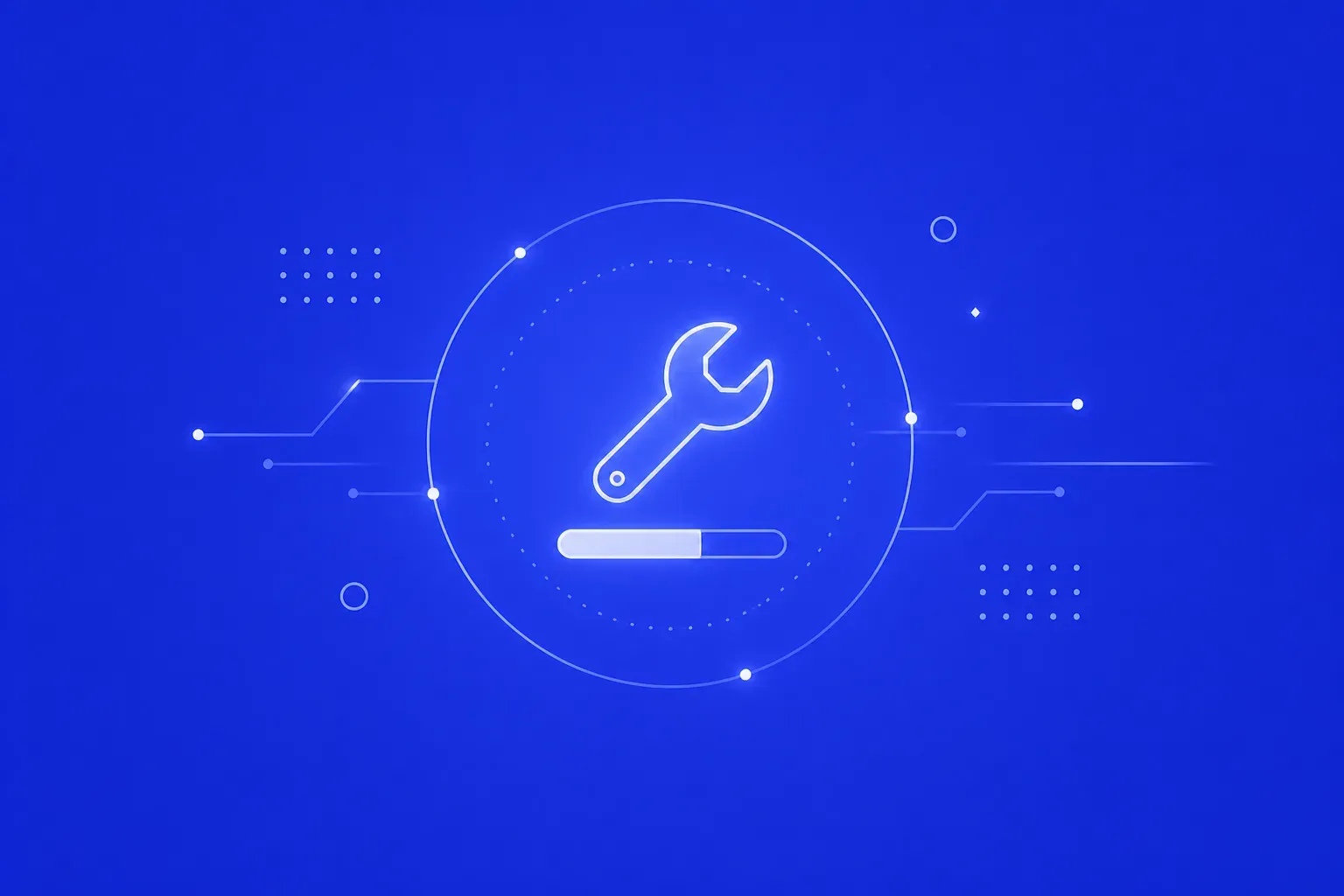 Blue illustration of a wrench and loading bar representing WordPress maintenance mode